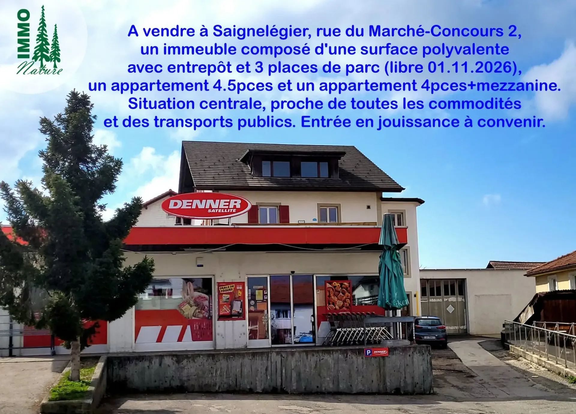 A vendre immeuble avec grande surface polyvalente, 3 places de parc, 2 appartements