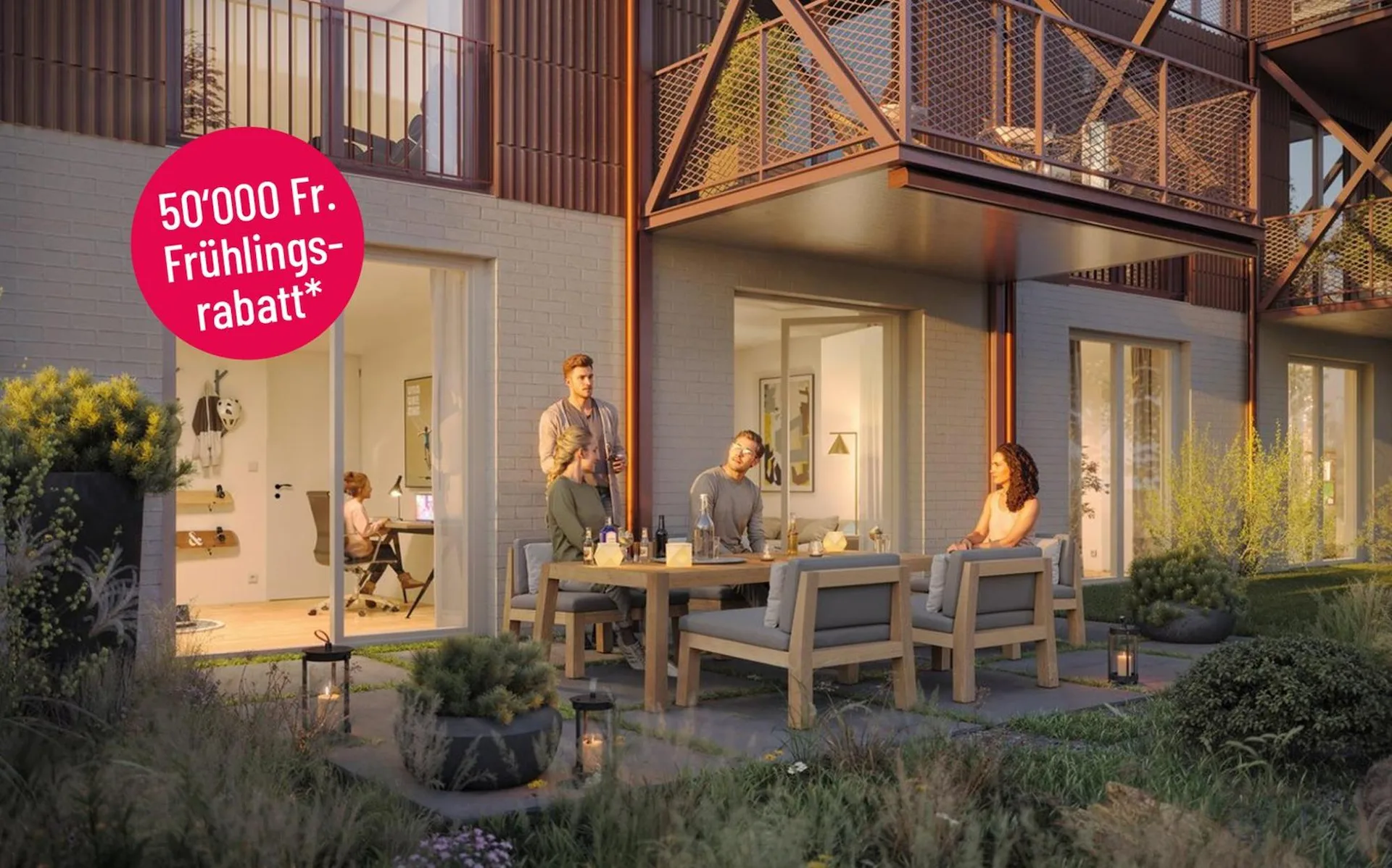 Stylish garden apartment with sunny seating area.