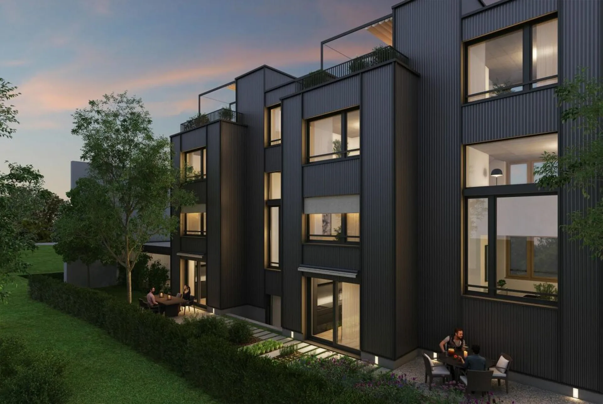 Habitation urbaine avec idylle de jardin et terrasse ensoleillée sur le toit