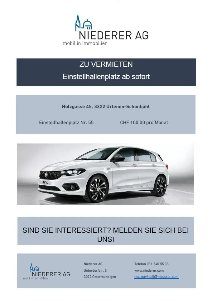 Einstellhalle ab sofort für CHF 100.00 verfügbar